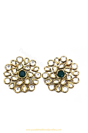 Gold Finished Emerald Kundan Studs By PTJ